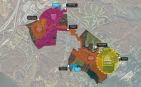 Map displaying various trailheads and paths, highlighting areas for hiking, biking, equestrian trails, and a proposed sensory trail.