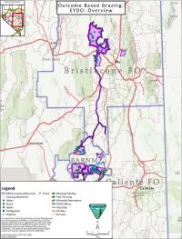 Map showing locations of outcome-based grazing projects in Ely District.