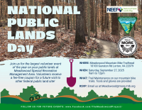 A promotional flyer for National Public Lands Day with event details for a volunteer trail maintenance day at Meadowood Mountain Bike Trail.