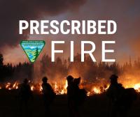 photo of a prescribed fire in WY with the text "Prescribed Fire" over the photo with the BLM logo