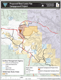 A map of the project area near Torrey Utah is shown with dark orange representing the proposed campground area on Beas Lewis Road