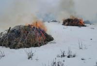 Two piles of dry shrubbery burning in the middle of a slope covered in snow.