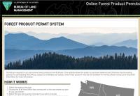 Image of the BLM webpage for forest product permits, showing the BLM triangle logo at the top and a landscape photo of forested mountains, green in the foreground and blue in the background.