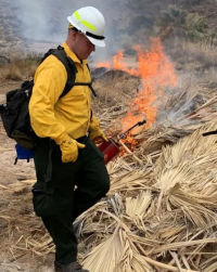 Firefighter in yellow protective gear and white helmet igniting a slash pile.