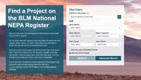 Screenshot of eplanning.blm.gov with the Find a Project on the text 'BLM National NEPA Register' as the heading  