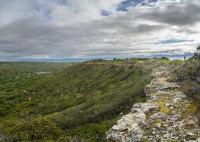 A rocky cliff overlooking a forested ravine.