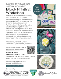 Flyer advertising a Block Printing Workshop on March 14, 2026 at Canyons of the Ancients National Monument.