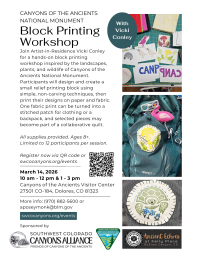 flyer advertising a hands-on block printing workshop March 14 at Canyons of the Ancients visitor center