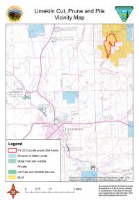 Graphic-style map of the Limekiln pile burn project area.  is located about 7 miles north of Lewistown, Montana, in the Judith Mountains. T. White, yellow and light-blue colors indicated land ownership; light-red contour lines indicate elevation; purple-ish lines indicate roads, red line indicates fuels project area. Other elements include the Department of the Interior and Bureau of Land Management logos, compass rose, mileage scale, legend and map disclaimer. 