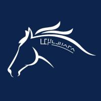 White logo on a dark blue background showing the outline of a mustang horse with a freeze mark