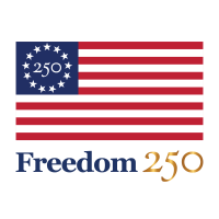 Logo for Freedom250, which shows an American flag with the stars arranged in a circle around 250. Text says Freedom 250. 