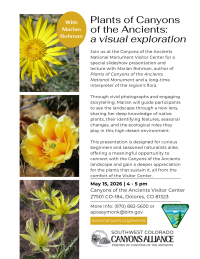 Flyer advertising a native plants lecture with author Marian Rohman at Canyons of the Ancients National Monument Visitor Center on May 15.