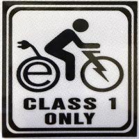 Class 1 only e-bike sticker, featuring a person on a bike with an E inside the back wheel, a charging cable and a lightening bolt for the bike fork
