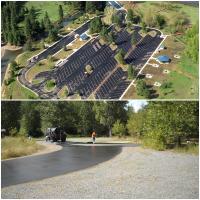Collage of parking lot aerial and person resurfacing asphalt