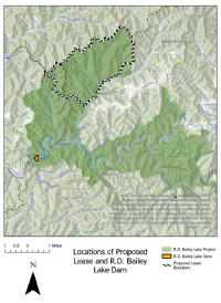 Map showing locations of the proposed lease and R.D. Bailey Lake Dam in West Virginia, with boundary and topographic details.