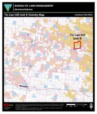 Map showing Tin Can Hill Unit B outlined in red within a mixed land use area near Winnett, Montana, from the Bureau of Land Management.