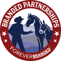 Logo with a silhouette of a person branding a horse and a donkey inside a circular red border that reads "Branded Partnerships Forever Branded."