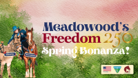 Header graphic showing Liberty the burro and Freedom the horse with their person next to a blue, red, and white logo saying Meadowood Freedom 250 Spring Bonanza