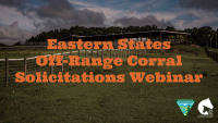 Farmland with a fenced corral under a cloudy sky, promoting the Eastern States Off-Range Corral Solicitations Webinar.