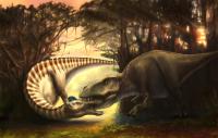 an illustration of a t. rex biting through the head of an edmontosaurus.