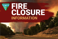 Photo of a wildfire in the background with the words "fire closure information" and the BLM logo overlayed 