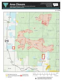 an aerial view of a map with markings designating closure areas on BLM lands near Dillon, Montana