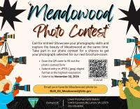 Poster announcing the “Meadowood Photo Contest,” inviting entries by November 30, 2026, with QR code and email submission details.
