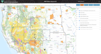 Screen shot of BLM Helium web map tool with land status, helium plants, and helium development areas indicated with layers panel open.