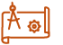 orange engineering icon with roll of paper with compass and gear