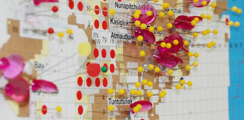 Close up of Alaska land transfer map showing pins, stickers, and colored in areas of status
