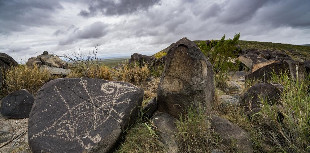 A petroglyph set against a cloudy ridge at the Three Rivers Petroglyph Site in New Mexico.