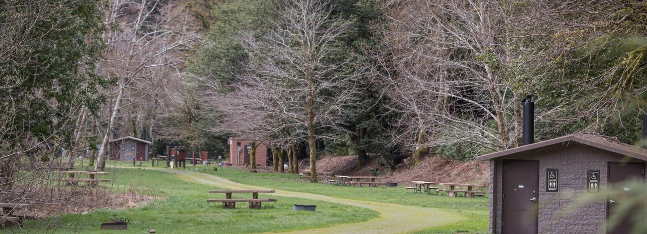 View of meadow campground sites and restroom at Edson Creek Recreation Site
