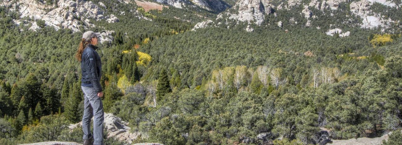 Woman standing at rocky outcropping of cliffs edge, viewing the vast open landscape of a coniferous forest with mountains in the distance.