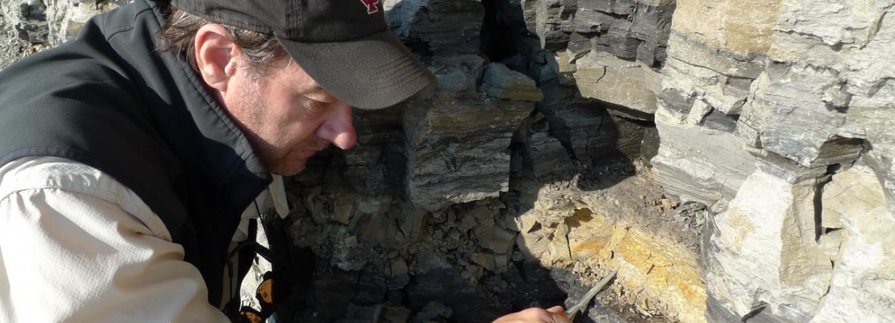 Researcher Greg Erickson using hand tool to work a fossil site in the Liscomb Bone Bed. Photo by Pat Druckenmiller, University of Alaska Fairbanks.