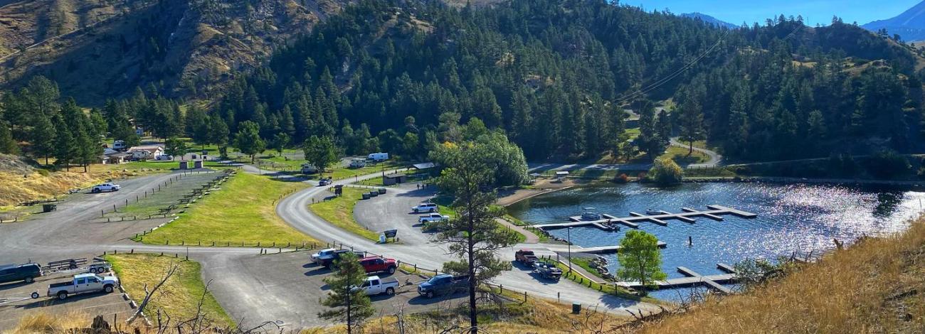 View of Sardine Row (sites 1-12), boat launch and boat docks