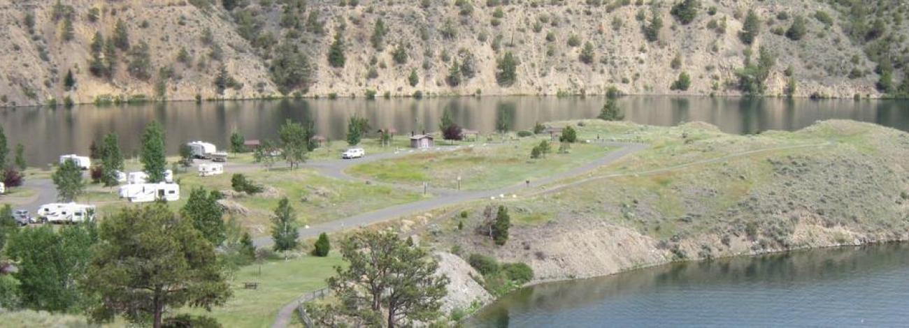 BLM Devil's Elbow Campground. View of the campground. Hauser Lake is on the eastern shoreline.