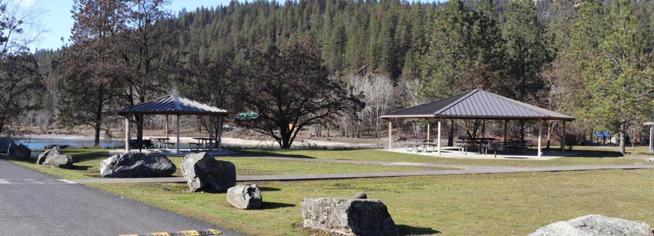Both day use pavilions at Pink House Recreation Site.