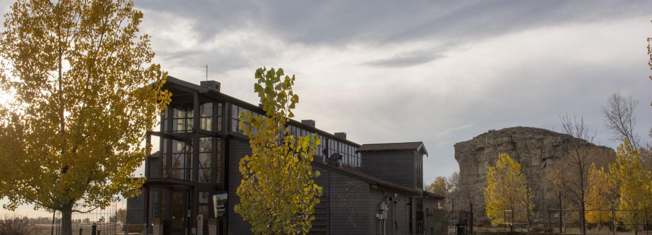 Photo of building with lots of windows surrounded by trees with yellow leaves. A rock formation can be seen behind the building. 