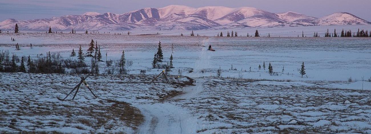 Iditarod National Historic Trail near Kaltag with alpenglow mountains