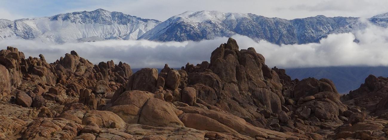 Alabama Hills with snow covered Sierra Nevadas in the background. Photo by David Kirk/BLM