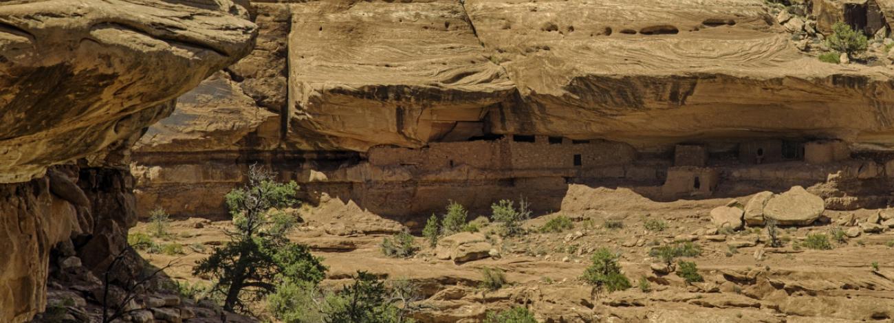 Stone dwellings stand in shadow underneath a large cliff of yellow sandstone.