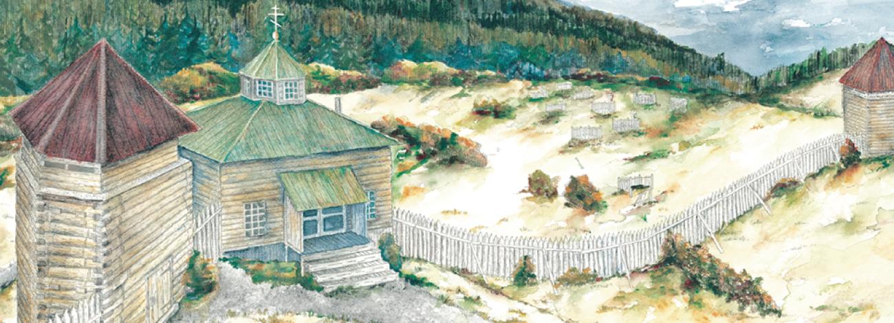 Watercolor painting of the blockhouse and church in Sitka