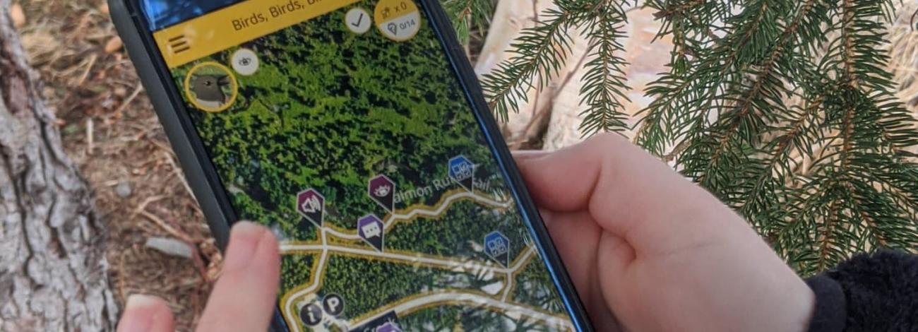 A hand holding a cell phone with the Agents of Discovery app open on it