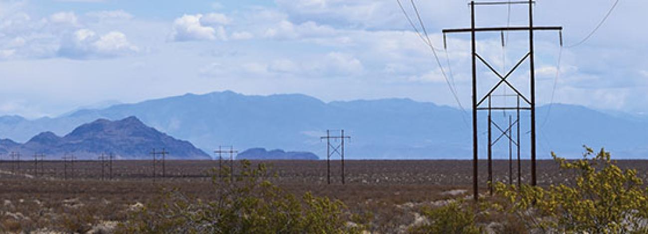 Photo of a powerline crossing desert terrain in Nevada.