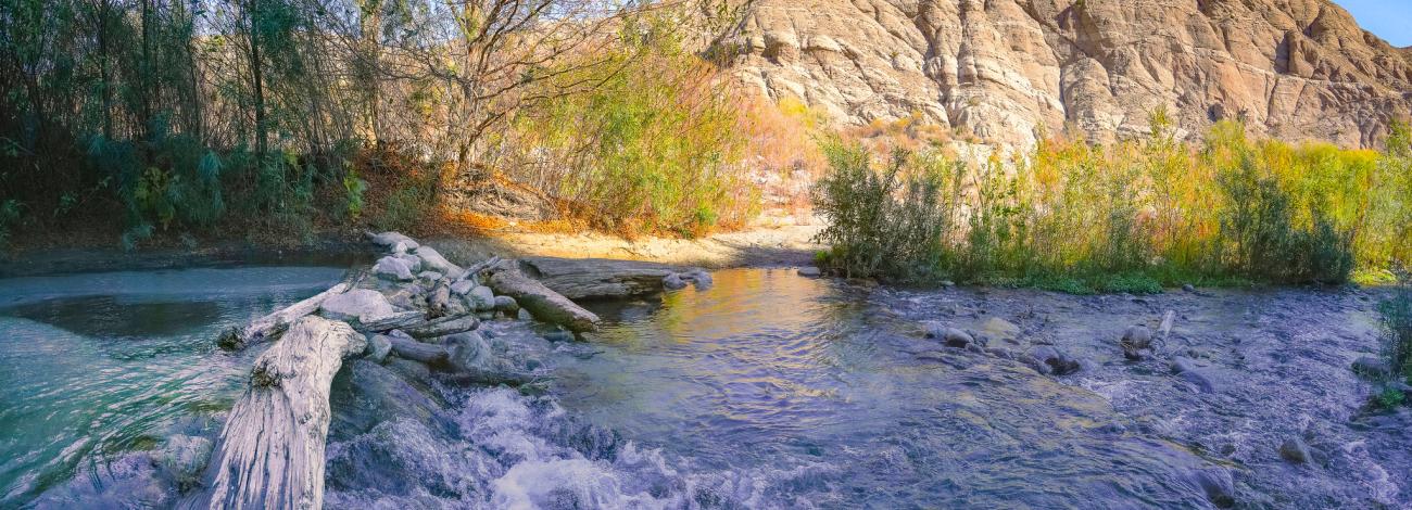 Stream carves through desert mountains 