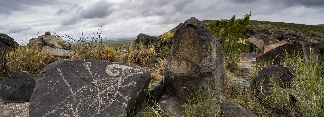 A petroglyph set against a cloudy ridge at the Three Rivers Petroglyph Site in New Mexico.