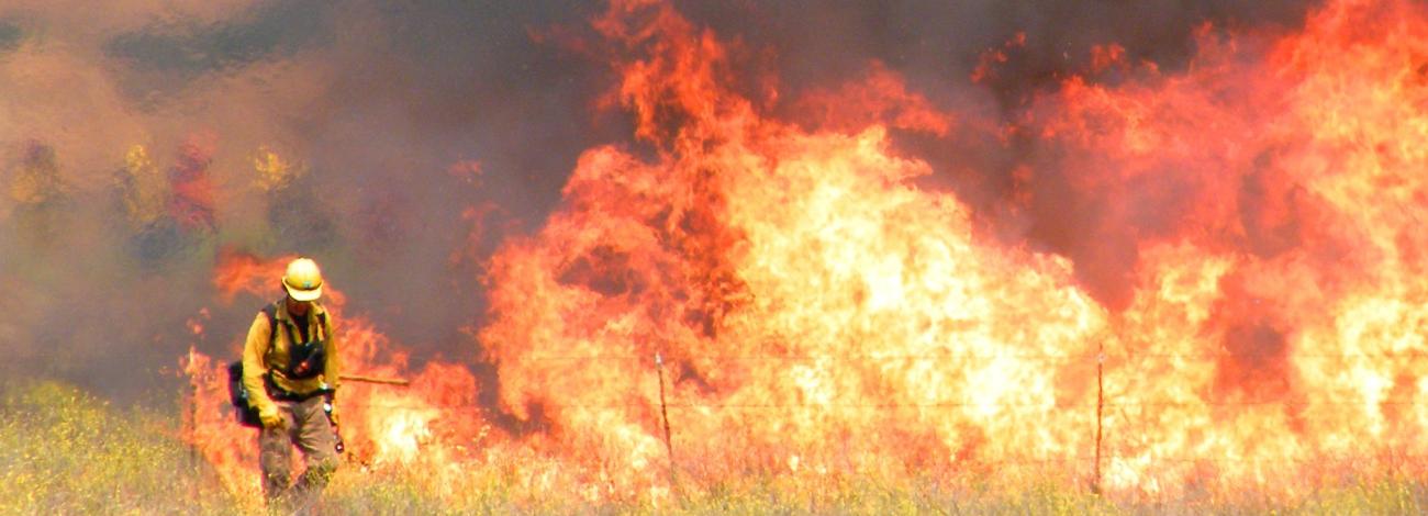 Fire fighter walking near fire