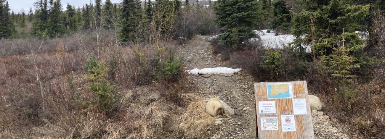 A gravel two-track trail heads up slope.  The start of the trail is marked by a wooden sign board with maps and notices to trail users.