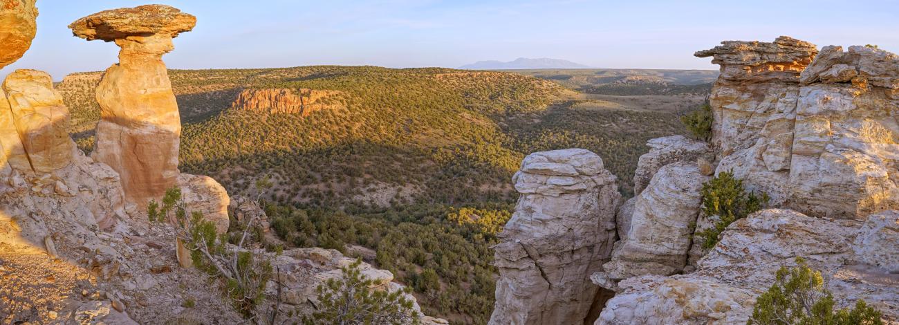 view atop an isolated rocky outcrop with rock pedestals. Valley below depicts green patch shrubs with golden sun rays.