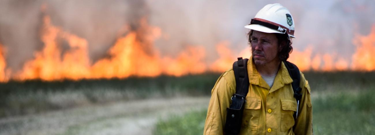 A Fire fighter observes a controlled burn.